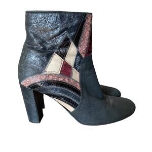 Dries Van Noten Dark Gray Leather Patchwork Boho Heeled Ankle Boots 40.5  10.5